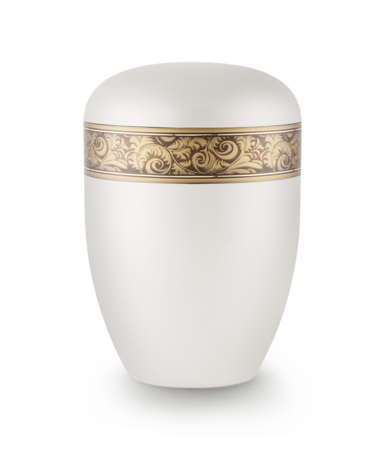 Biologisch afbreekbare urn wit met bruin veren decor