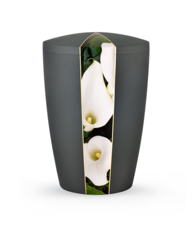 Biologisch afbreekbare urn grijs met calle bloem decoratie