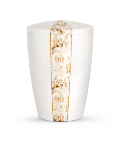 Biologisch afbreekbare urn wit met witte rozen decor
