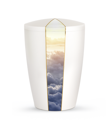 Biologisch afbreekbare urn wit met zonsondergang met wolken
