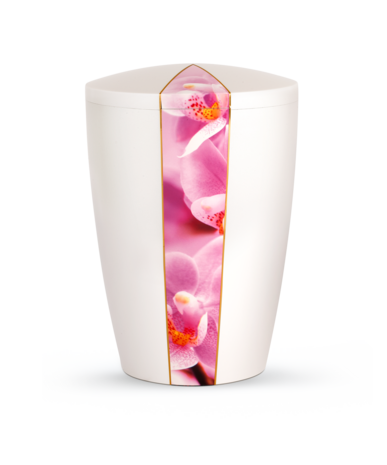 Biologisch afbreekbare urn wit met roze orchidee