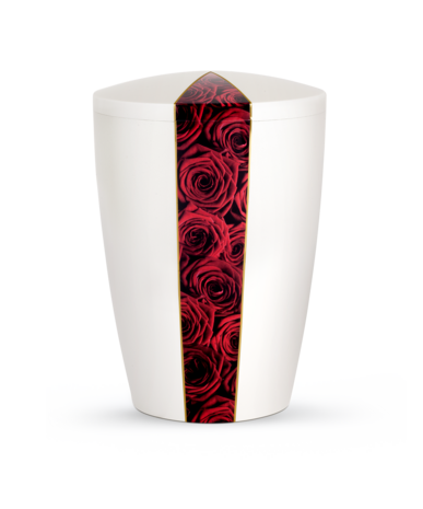 Biologisch afbreekbare urn wit met rode rozen decoratie