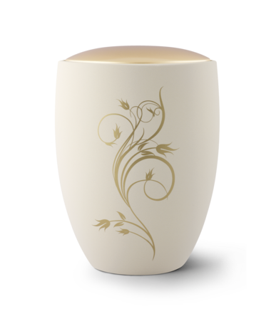 Keramische urn cr&egrave;me met bloemen tekening