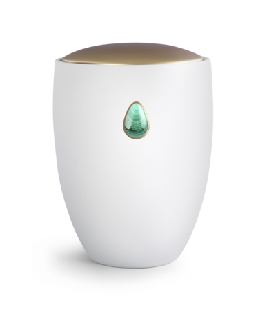 Keramische urn wit met ingebed edelsteen malachiet