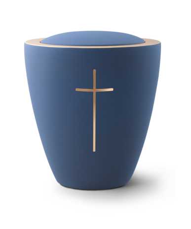 Keramische urn blauw met messing kruis