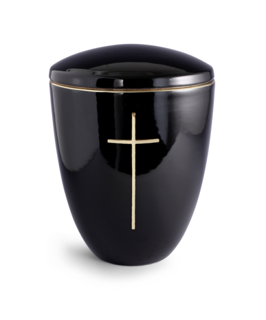 Keramische urn zwart met messing kruis