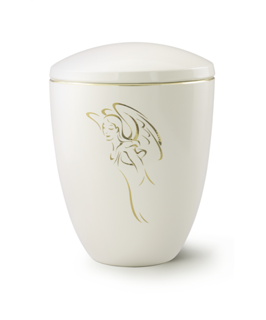 Keramische urn cr&egrave;me met engel
