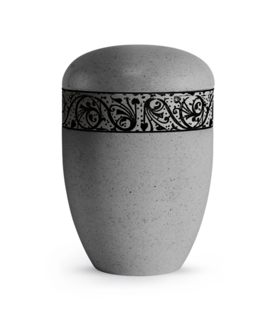 Biologisch afbreekbare urn grijs kalksteen coating met zwart decoratie