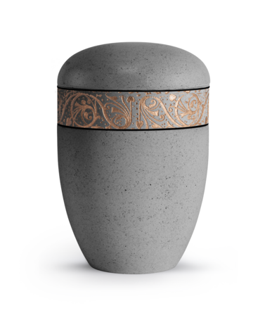 Biologisch afbreekbare urn grijs kalksteen coating met koperen decoratie