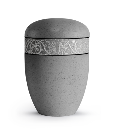 Biologisch afbreekbare urn grijs kalksteen coating met zilveren decoratie