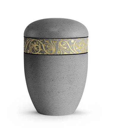 Biologisch afbreekbare urn grijs kalksteen coating met gouden decoratie