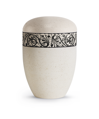 Biologisch afbreekbare urn cr&egrave;me kalksteen coating met zwarte decoratie