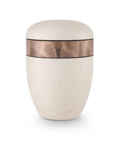 Biologisch afbreekbare urn cr&egrave;me shelpkalksteen met koperen decoratie
