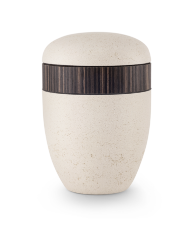 Biologisch afbreekbare urn cr&egrave;me kalksteen coating met houten decoratie