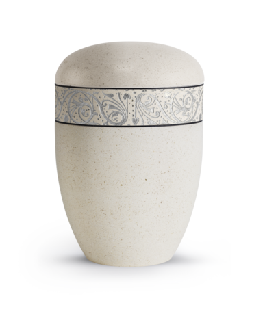 Biologisch afbreekbare urn cr&egrave;me kalksteen coating met zilveren decoratie
