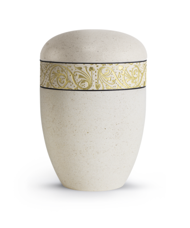 Biologisch afbreekbare urn cr&egrave;me kalksteen coating met gouden decoratie