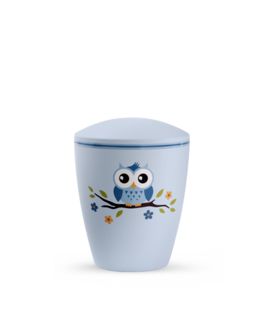 Biologisch afbreekbare kinder urn met blauwe uil