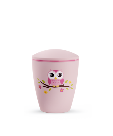 Biologisch afbreekbare kinder urn met roze uil
