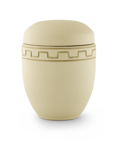 Keramische urn zandkleurig meanderdecoratie