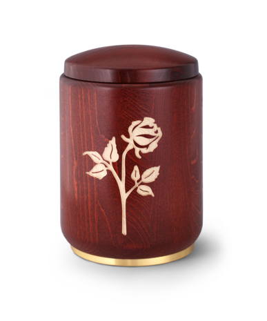 Beuken houten urn met roos en messing voet