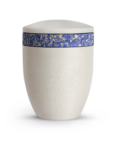 Biologisch afbreekbare urn cr&egrave;me schelpkalksteen coating met korenbloem decor