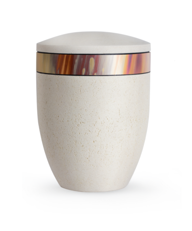 Biologisch afbreekbare urn cr&egrave;me schelpkalksteen coating met kleur koper decoratie