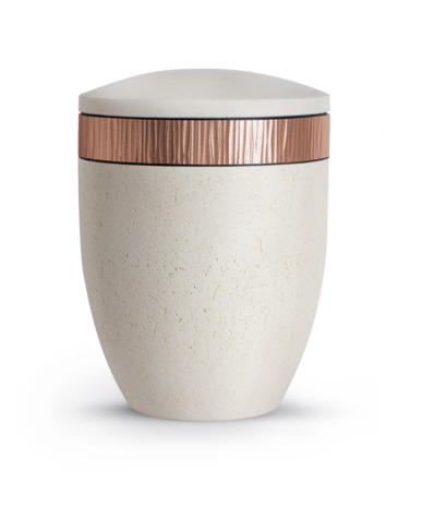 Biologisch afbreekbare urn cr&egrave;me kalksteen coating met koper decoratie