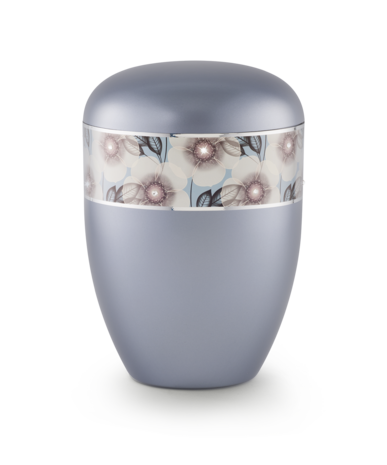 Biologisch afbreekbare urn grijs met bloemen decoratie