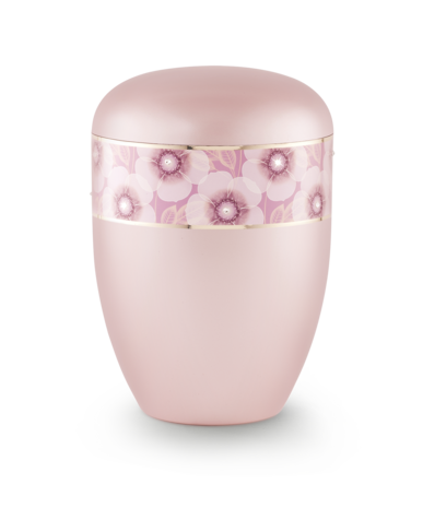 Biologisch afbreekbare urn roze met bloemen decoratie