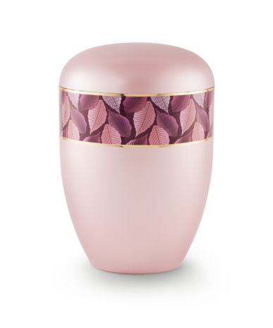 Biologisch afbreekbare urn roze met bladen decoratie