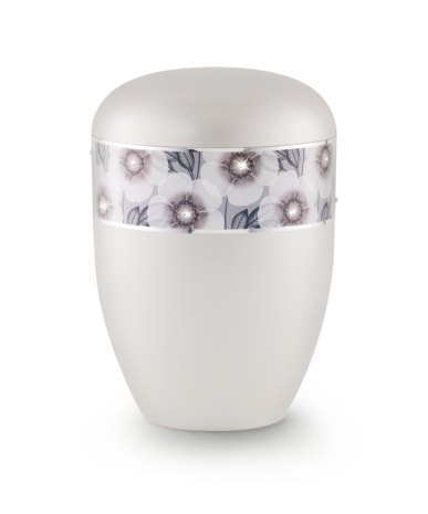 Biologisch afbreekbare urn wit met bloemen decoratie