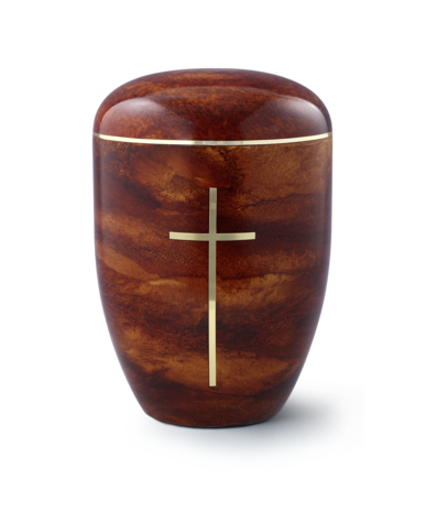 Biologisch afbreekbare urn hout bruin met gouden kruis