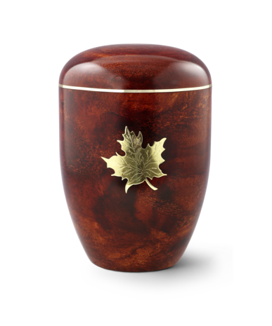 Biologisch afbreekbare urn hout bruin met gouden esdoorn blad