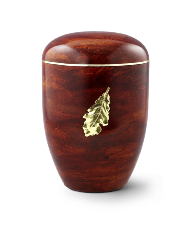Biologisch afbreekbare urn hout bruin met gouden eiken blad