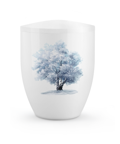 Biologisch afbreekbare urn wit geschilderd  winter boom