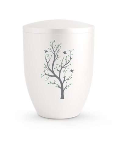 Biologisch afbreekbare urn wit met lente boom